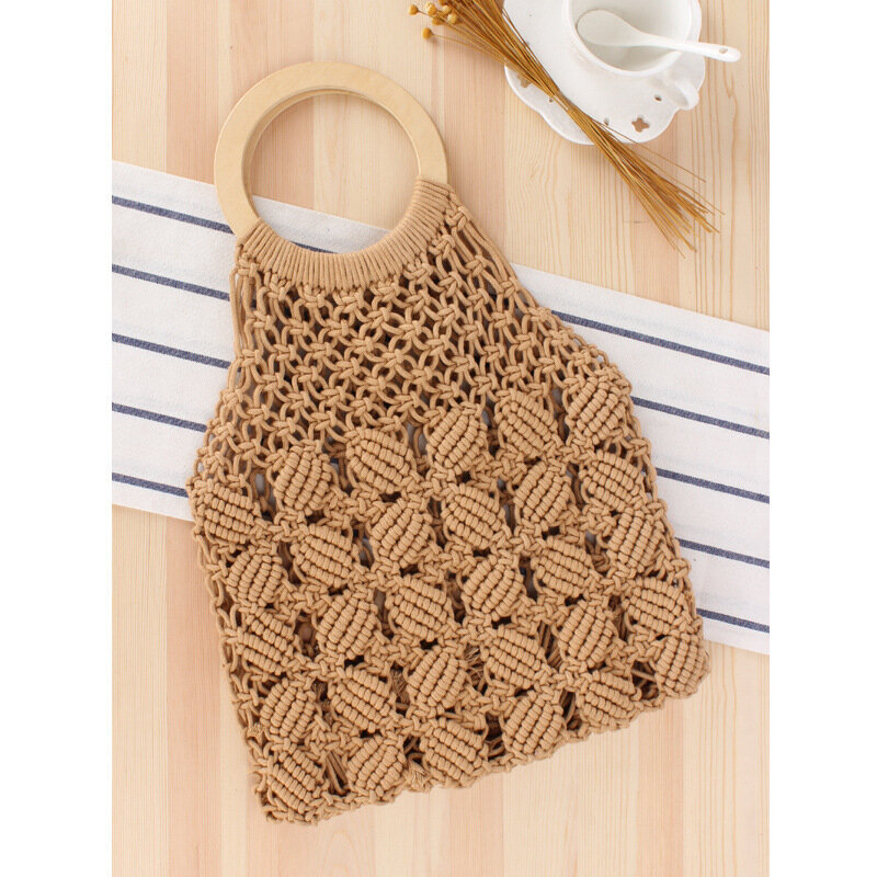 حقيبة يد نسائية منسوجة من القش الطبيعي ، حقيبة شاطئ منسوجة يدويًا ، حبل قطني ، مقاس 30 × 40 سنتيمتر ، a7161