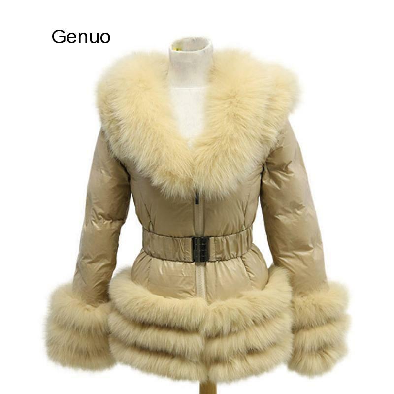 Jaqueta feminina sintética gola pelo, casaco feminino inverno duck down abrigos mulher à prova de vento com capuz