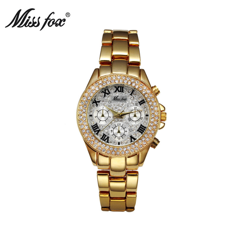 Missfox Vrouwen Horloges Luxe Horloge Vrouwen Mode Nep Chronograaf Romeinse Cijfers 18K Gold Dames Horloges Quartz Horloge