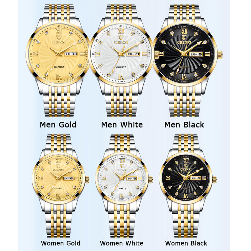Chenxi-relógios de quartzo para homens e mulheres, marca superior, novos relógios casal, luxo, data, semana, relógio, impermeável, feminino, 8212a