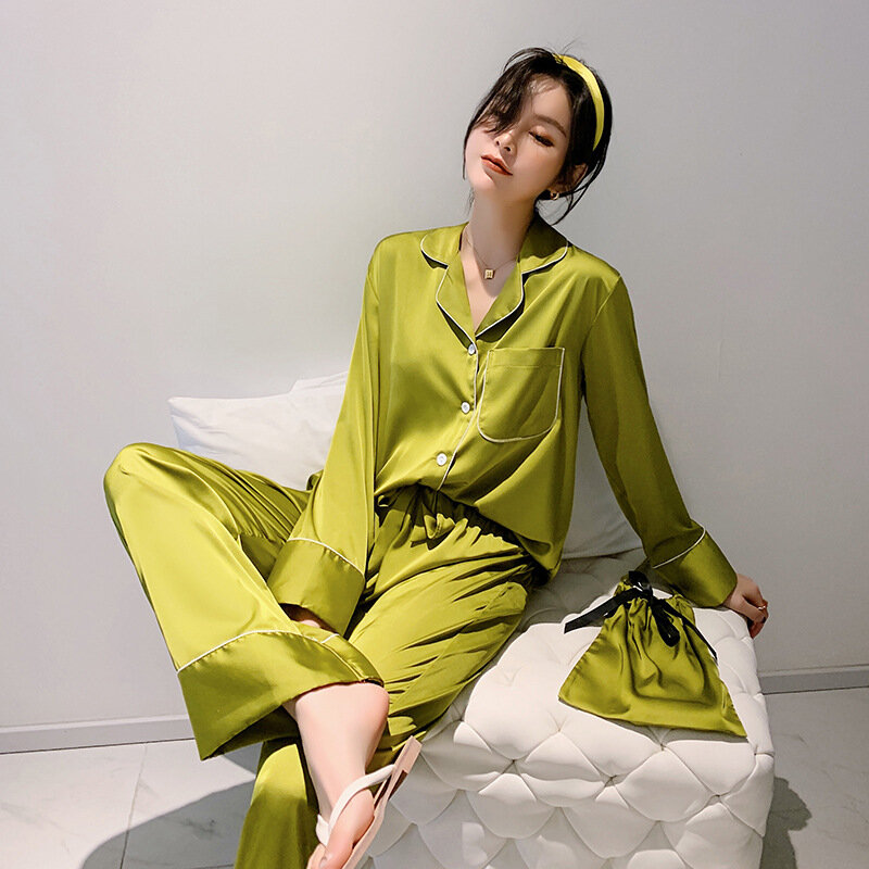 Daeyard-Conjuntos de Pijama de seda para mujer, ropa de dormir de manga larga de lujo, de gran tamaño, 2 piezas, con botones y bolsos, Sexy, para el hogar