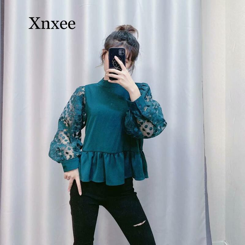Vrouwen Mode Ruches Mouwen Patchwork Casual Chiffon Blouses Shirts Vrouwen Stand Kraag Zoom Ruches Blusas Chic Tops Tops