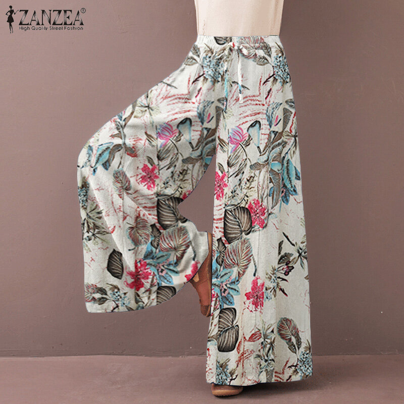 Damska spodnie z szerokimi nogawkami ZANZEA 2023 Kaftan spodnie z nadrukiem w pasie długi Pantalon Palazzo na co dzień z kwiatowym rzepa ponadgabarytowych