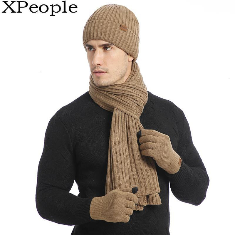 XPeople Topi dan Sarung Tangan Syal Anak Laki-laki Set Bulu Lembut Berjajar Hangat Musim Dingin Pria 3 Buah Set Rajutan Topi Rajut