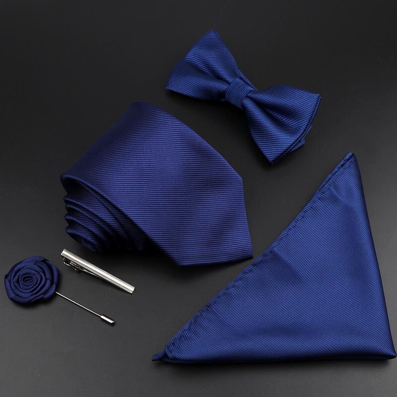 New Solid Color Silk Men Tie Set Polyester Jacquard Woven Necktie Bowtie Suit Vintage Red Blue For Groom Business Wedding Party