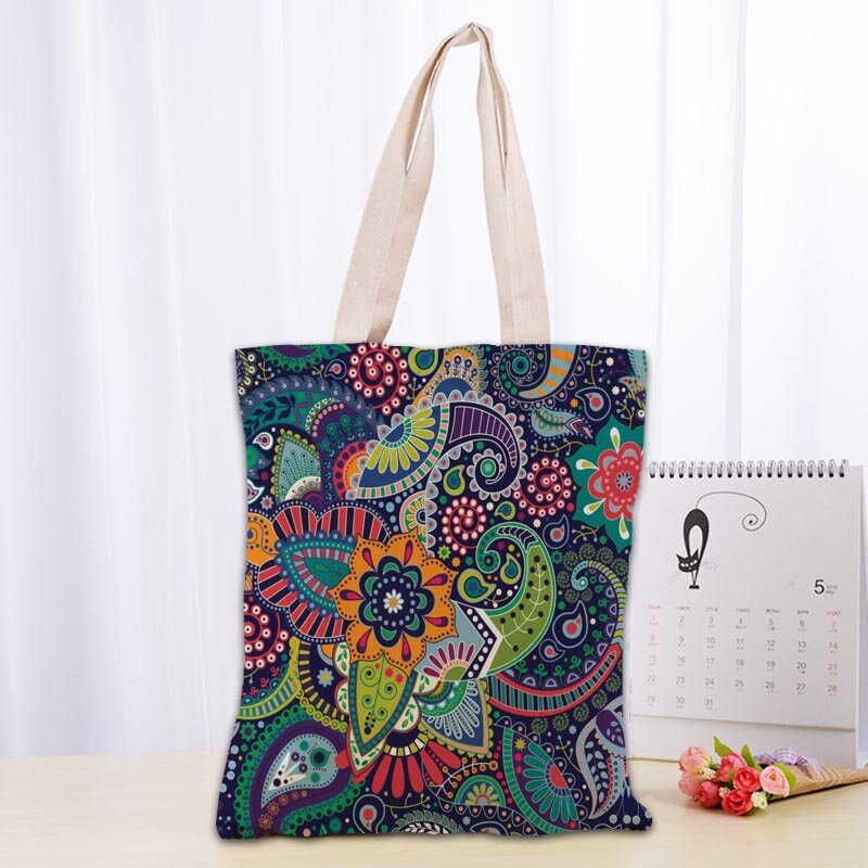 Custom Floral Pattern Tote Bag Cotton Cloth Shoulder Shopper Bags for Women Eco Foldable Reusable Shopping Bags 1009