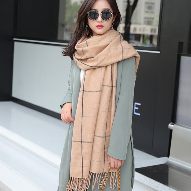 Модный женский винтажный зимний шарф из искусственного кашемира с принтом в клетку, уличная одежда, теплая вязаная Повседневная Женская длинная шаль с кисточками
