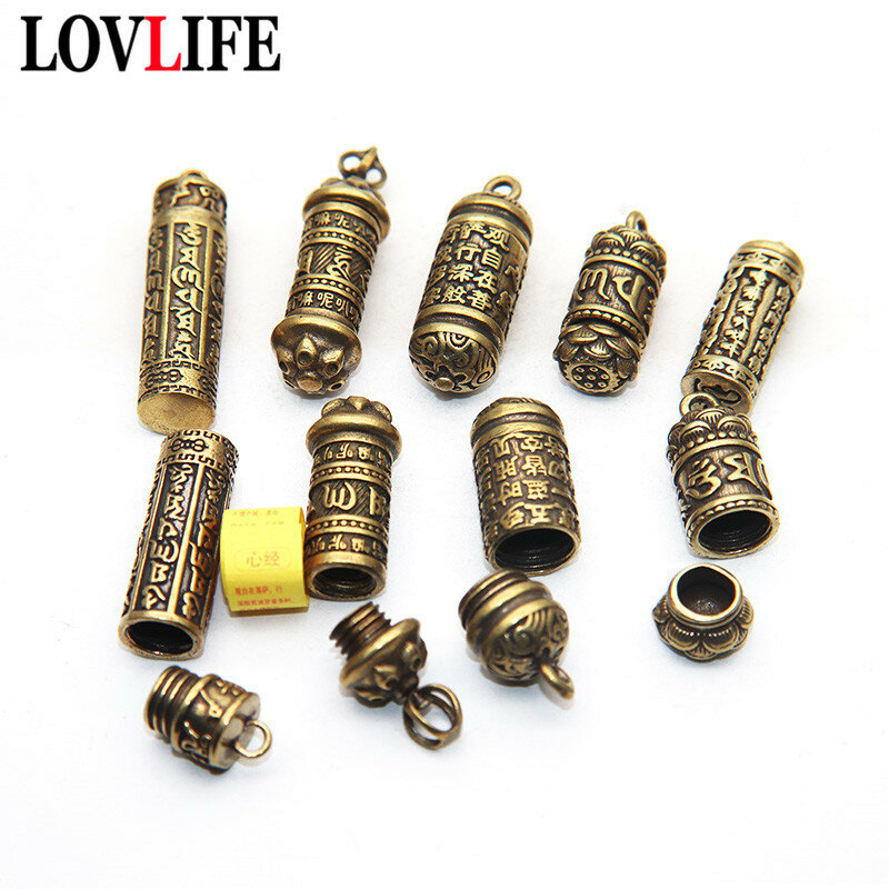 Gantungan Kunci Liontin Silinder Sutra GuanYin Buddha Kuningan Gantungan Kunci Perhiasan Kalung Kotak Pil Wadah Obat Gantungan Kunci Botol