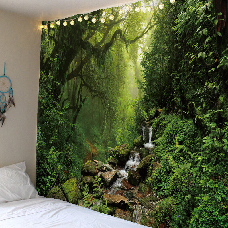 Tapiz de cascada de naturaleza hermosa, decoración de pared con estampado de bosque, paisaje marino hippie, colgante de pared bohemio, mandala
