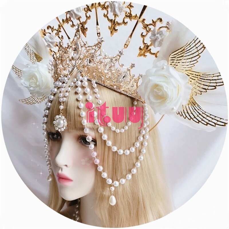 Accesorios para el cabello hechos a mano Lolita KC, Rosa Blanca, ala de pluma de Ángel, diosa, corona de Halo dorado, Tiara de borlas de perlas barrocas María