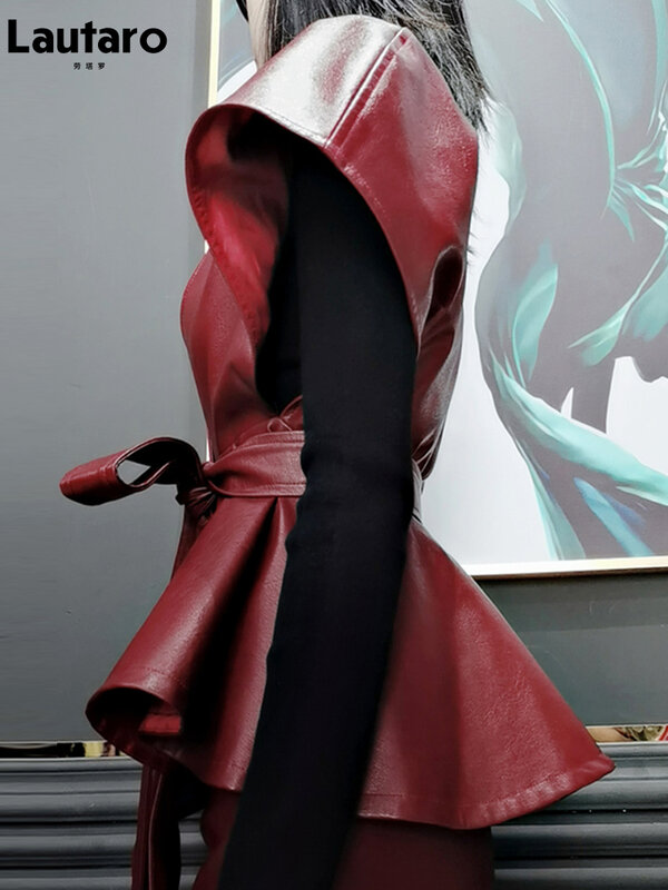 Lautaro 여성용 럭셔리 디자이너 인조 가죽 재킷, 새시 레드 와인 케이프 숄, 고딕 망토, 런웨이 패션 2022, 봄