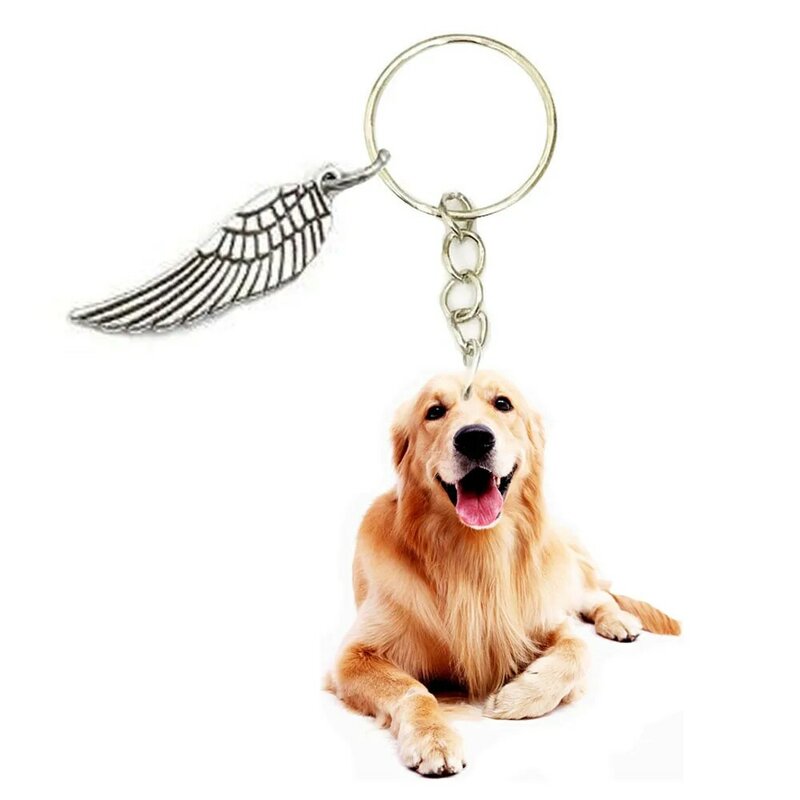 สุนัขอะคริลิค Golden Retriever พวงกุญแจปีกแฟชั่นพวงกุญแจ Mens Key Chain แหวนของขวัญผู้หญิงรักสัตว์ miss U