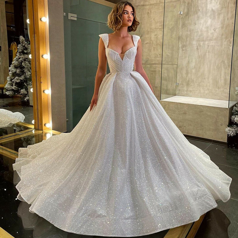 Lovedress-vestido de noiva sem encosto com decote em V para mulheres, vestido de baile, trem da corte, noiva moderna, brilho