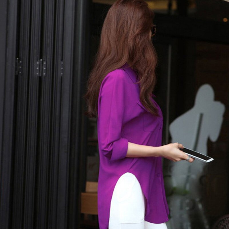 Лидер продаж 2019, модная женская шифоновая блузка, топ, Однотонная футболка с длинными рукавами и карманами, 2 цвета