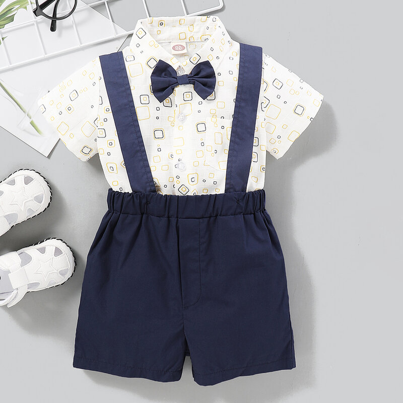 Boys 2pcs Set Gentleman Suit Toddler Kids Baby Bow Tie Blouse Suspender Shorts Overalls Outfits D30