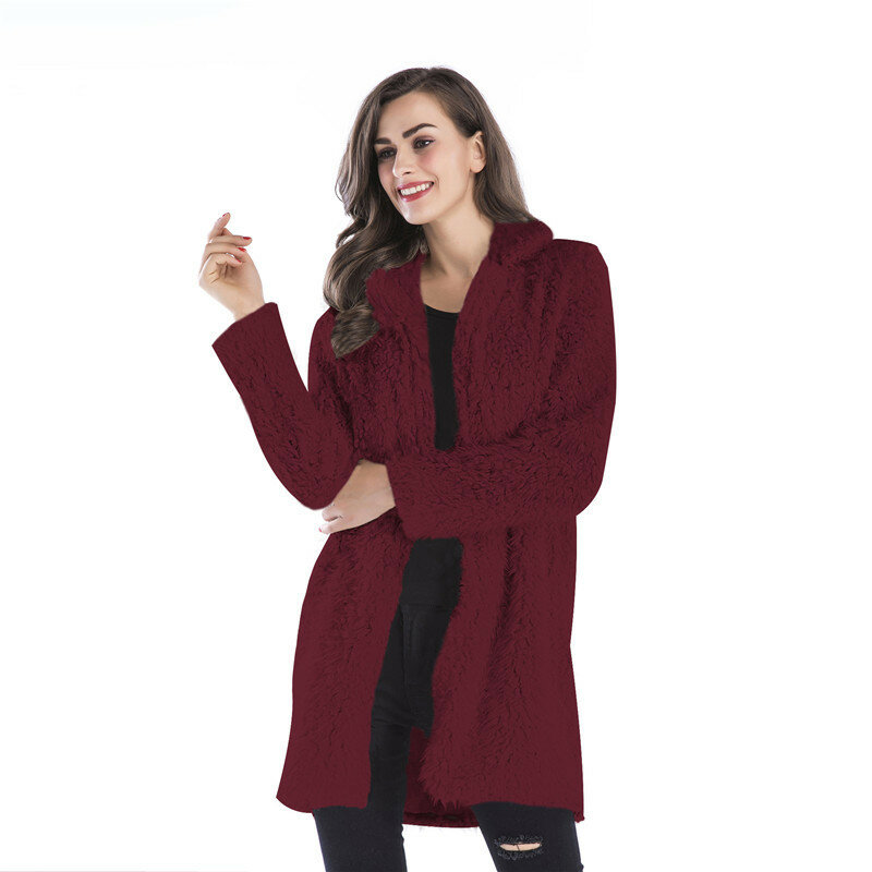 New Street Style Hot Sale Fall Winter European and American Pure Color Woolen Coat Women Lapel Fleece Mid-length Woolen Coat