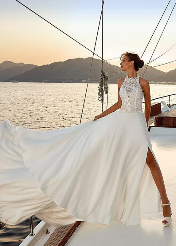 Пляжные атласные свадебные платья с вырезом-хомутом и кружевными аппликациями, сексуальные элегантные свадебные платья невесты с разрезом, размера плюс