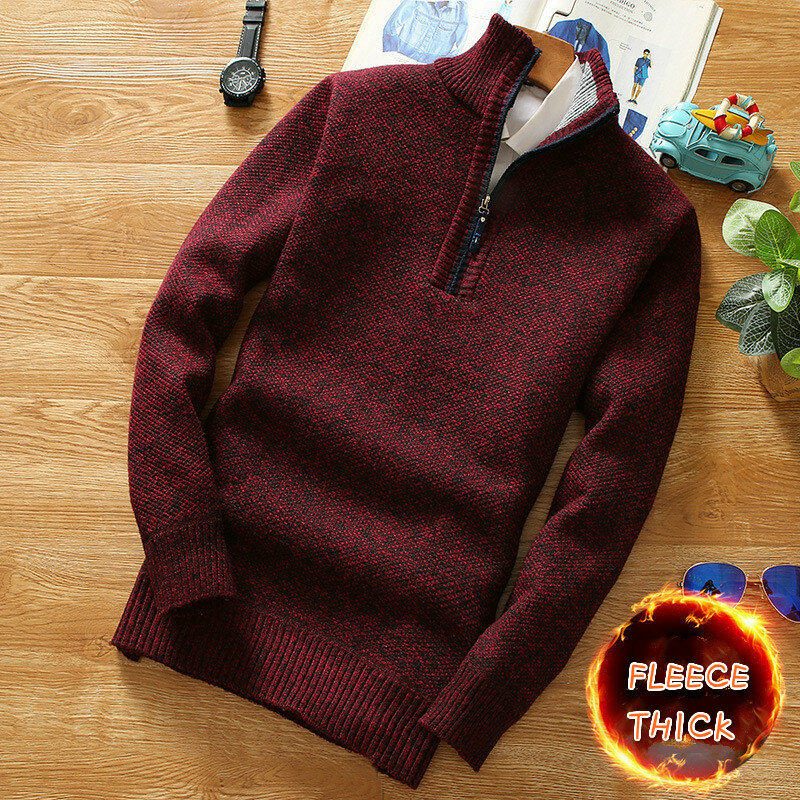 Camisola grossa de lã masculina, gola alta meia zíper, pulôver quente, suéteres de lã de malha fina para primavera e inverno, qualidade