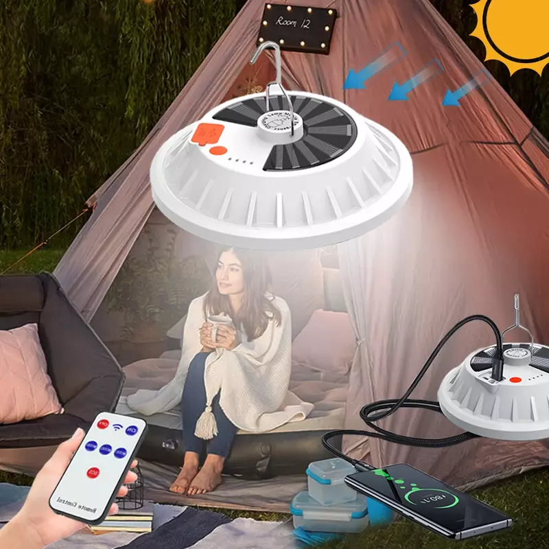 Lanterna de acampamento portátil luz solar lâmpada acampamento tenda lanterna led emergência recarregável banco energia solar para iluminação portátil