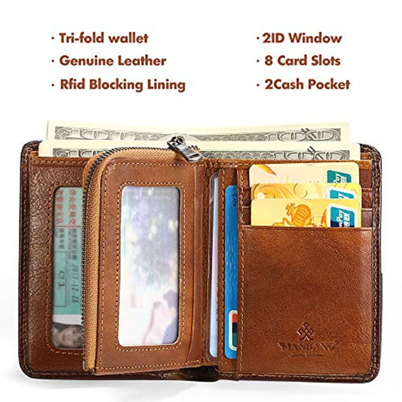 ManBang-Portefeuille à deux volets en cuir véritable marron pour homme, porte-cartes RFID, poche à monnaie zippée en cuir de vachette, haute qualité