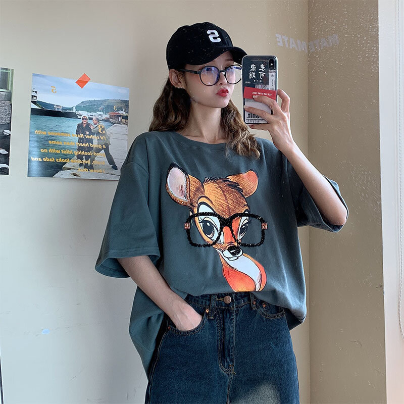 Fawn with Glasses 2020 Summer Women's Short Sleeve vintage t shirt harajuku Loose Casual Tops O-Neck t shirt women ropa mujer