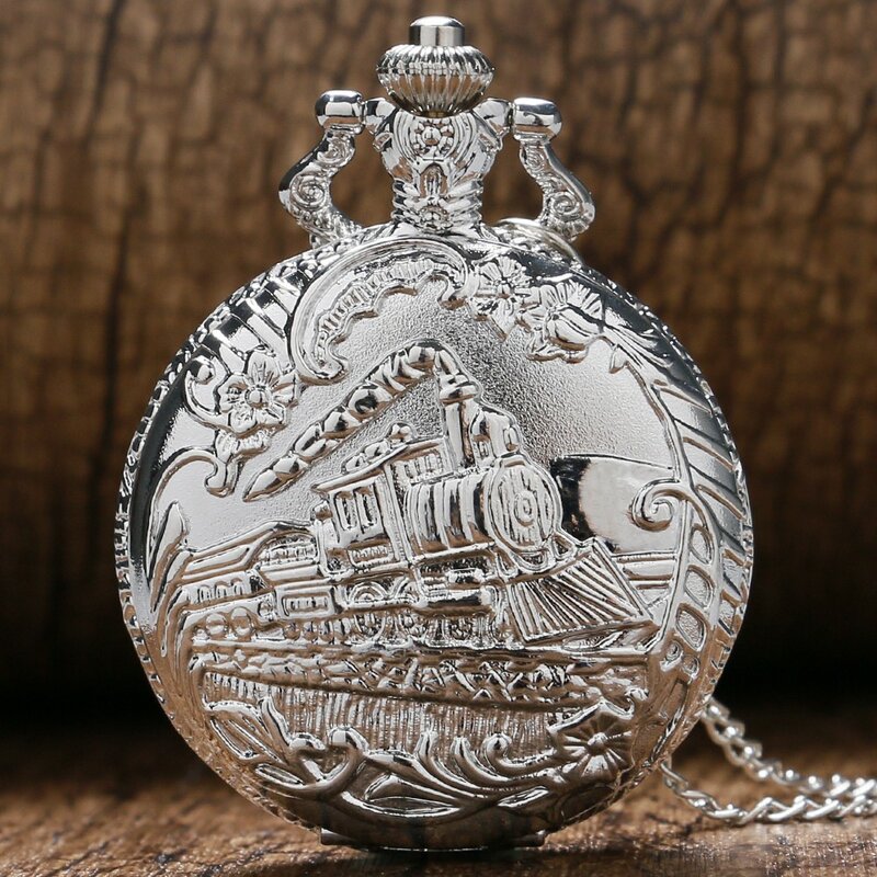Retro srebrny kieszonkowy zegarek pociąg z kwiatem zegarki kwarcowe z łańcuszkiem naszyjnik zegar prezent dla mężczyzn Reloj De Bolsillo Hombre