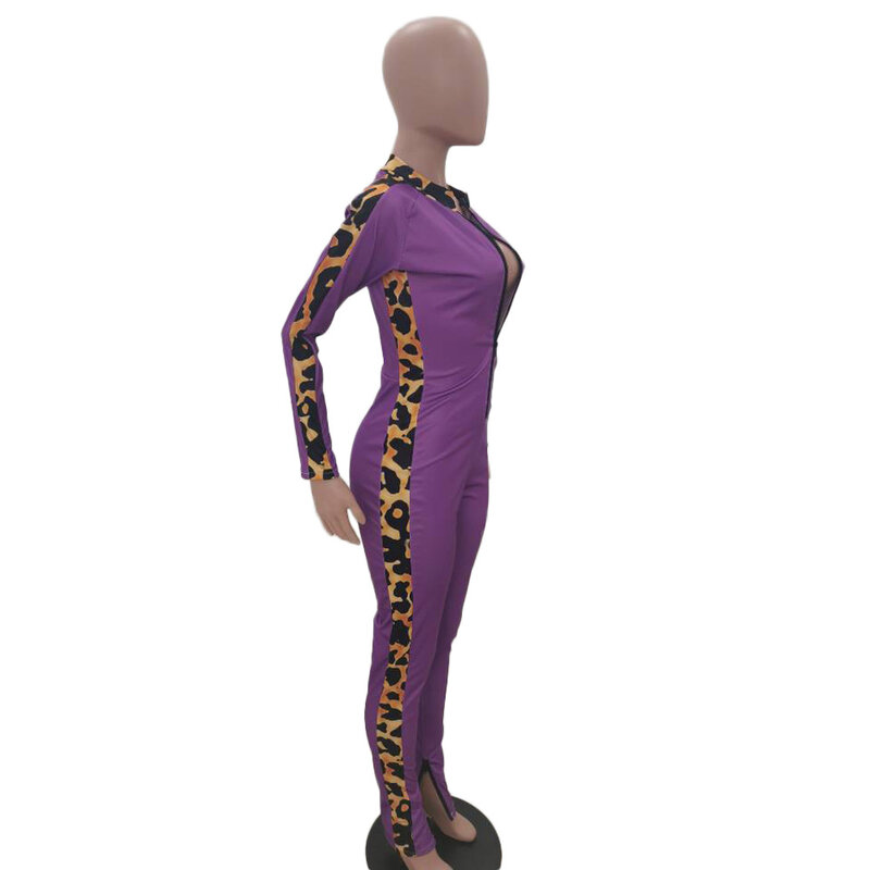 Bkld Ungu Seksi Bodycon Jumpsuit Baju Monyet Panjang Lengan Leopard Patchwork Bodysuit Wanita Zipper V-Leher 2019 Elegan Klub Jumpsuits