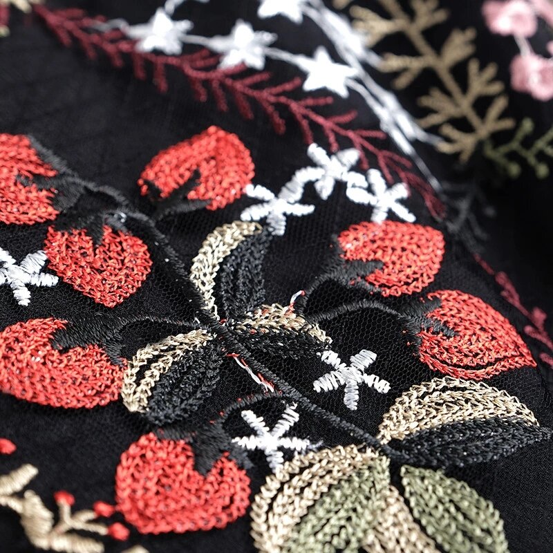 Conjunto de dos piezas para mujer, con cuentas de manga corta Camiseta negra y falda de malla con flores bordadas, 2 piezas, falda de cintura alta Vintage, 2023