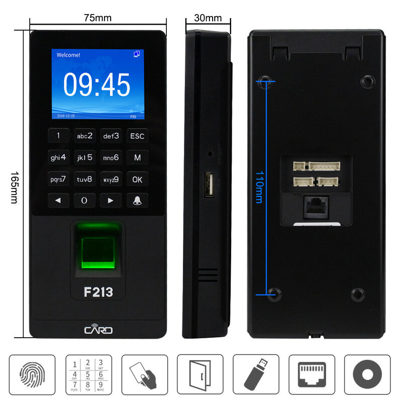 Control de Acceso biométrico con huella dactilar, máquina de asistencia de tiempo RFID con contraseña de teclado, compatible con Red TCP/IP, verificación de empleado USB