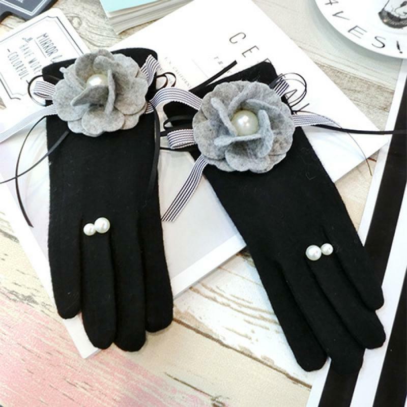 Cinza de lã pano flor arco cashmere luvas coreano moda inverno quente pérola anel tela toque dedo luvas feminino