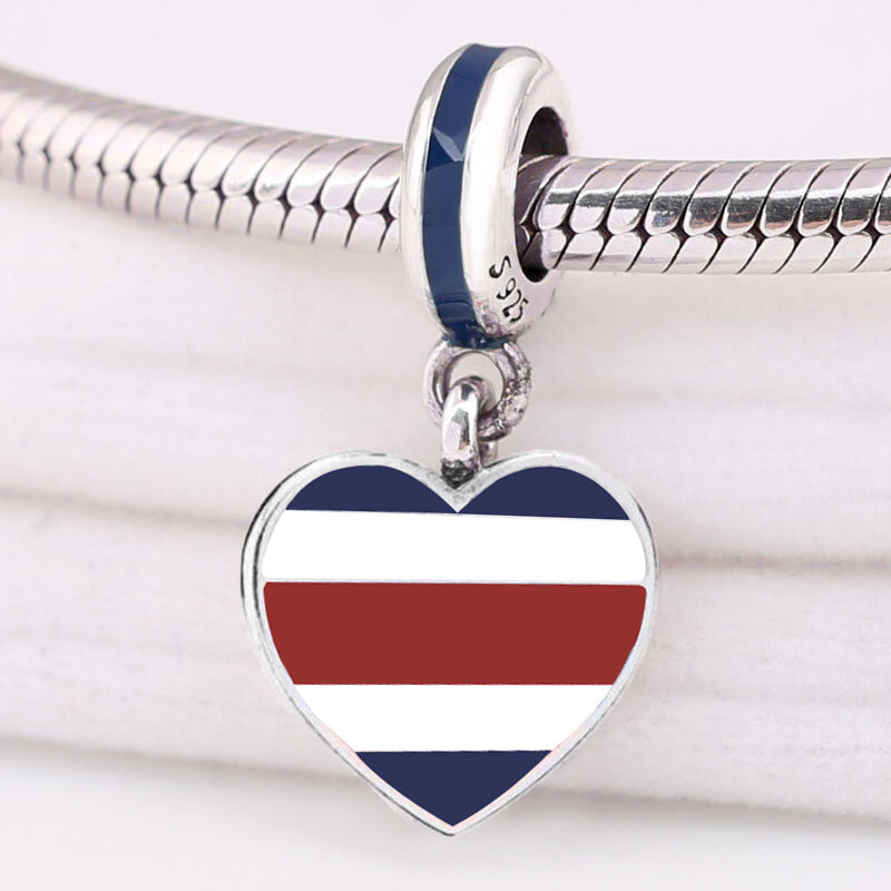 Abalorio de plata de ley 925 esmaltado, colgante de bandera de Costa Rica con corazón, compatible con Pulsera Original, collar, joyería artesanal