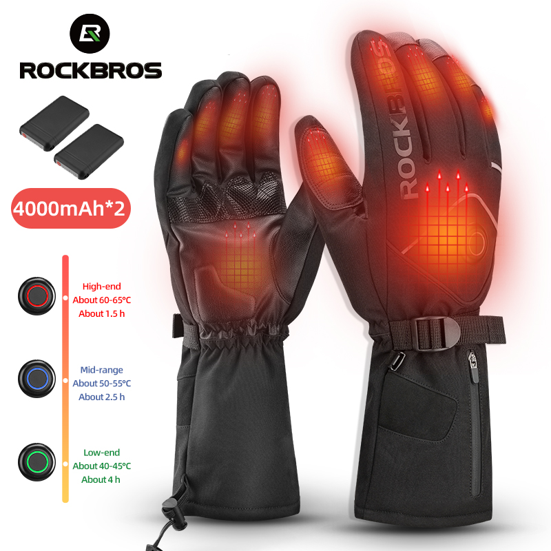 Водонепроницаемые лыжные перчатки ROCKBROS, перчатки с подогревом и зарядкой от USB, для работы с сенсорным экраном, для зимы