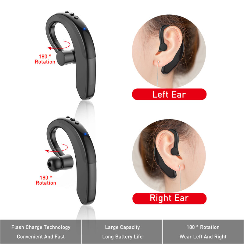 Kowkaka Bluetooth 5.0 Wireless Earphones Stereo Ear Hook Sports Headphones Business Driving Handsfree With Microphone Headset