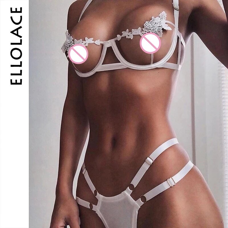 Ellolace-Conjunto de lencería transparente para mujer, ropa interior Sexy de encaje, sujetador y bragas, venta al por mayor