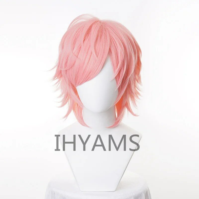 Ayato Yuri Pink Wig Cosplay, Wig pendek Cosplay Halloween bermain peran + topi Wig Gratis
