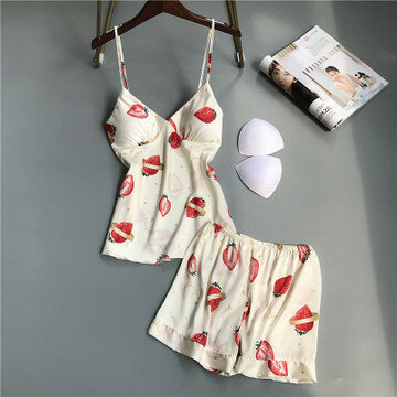 HaloSweet Casual Women Sleepwear Summer Sling V-Neck Pajamas Two Pieces Stawberry Pyajamas Home Wear Female Sexy Shorts