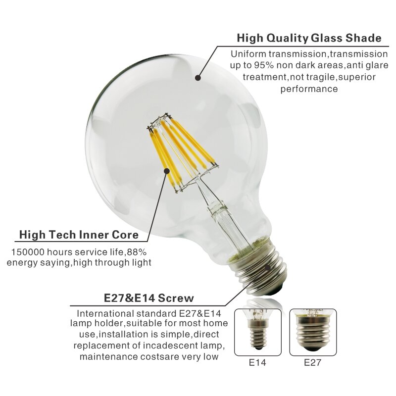 Lâmpada Retro Edison LED Filamento, Vidro, C35, G45, A60, ST64, G80, G95, G125, Lâmpada Vintage, 2W, 4W, 6W, 8W, E27, e14, 220V-240V