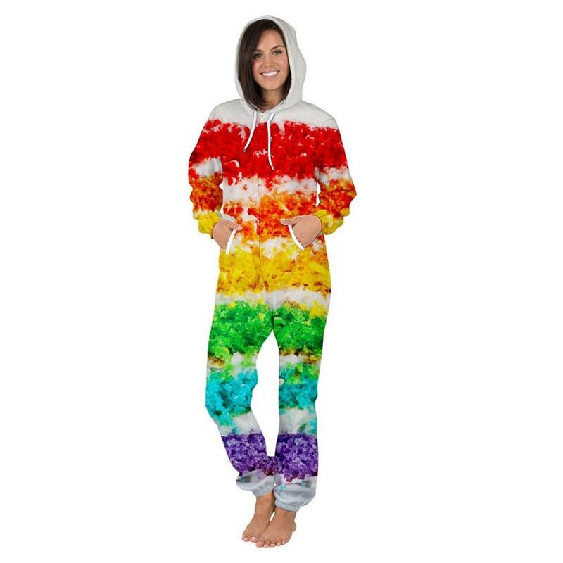 Kobiety jesień kombinezon Onesie z kapturem dla dorosłych 3D drukuj z długim rękawem Zipper Playsuit body piżama Plus rozmiar bielizna nocna kombinezony