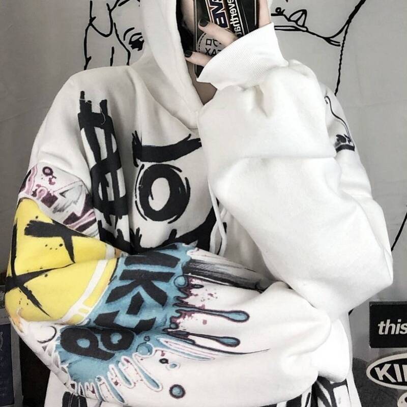 Толстовка женская оверсайз с капюшоном, свитшот с японским мультяшным принтом в стиле хип-хоп, худи в стиле панк, одежда в готическом стиле, весна-осень