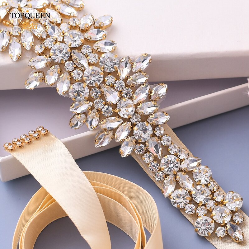 TOPQUEEN S319-G Plus Size Bridal Gowns Belts Golden Belts for Women Rhinestones Belt Girlfriend Luxury Ribbon Belt Wedding Sash