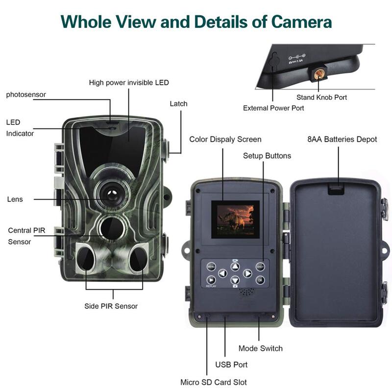 Wildlife trail câmeras 24mp 1080p ip65 caça câmera hc801a pir sensor de visão noturna foto armadilhas vigilância sem fio