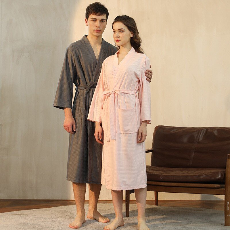 Jubah Wafel Wanita Ukuran Plus 3XL Pakaian Tidur Jubah Pria Kasual Pecinta Musim Gugur Gaun Malam Kimono Lembut Gaun Pernikahan Pengantin Pria