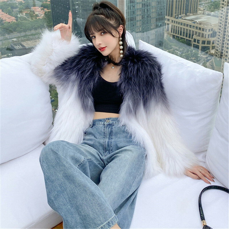 Winter Women High Quality Raccoon Fur Coat Luxury Long Fur Coat Loose Lapel Ove rCoat Thick Warm Plush Size Female Plush Coats
