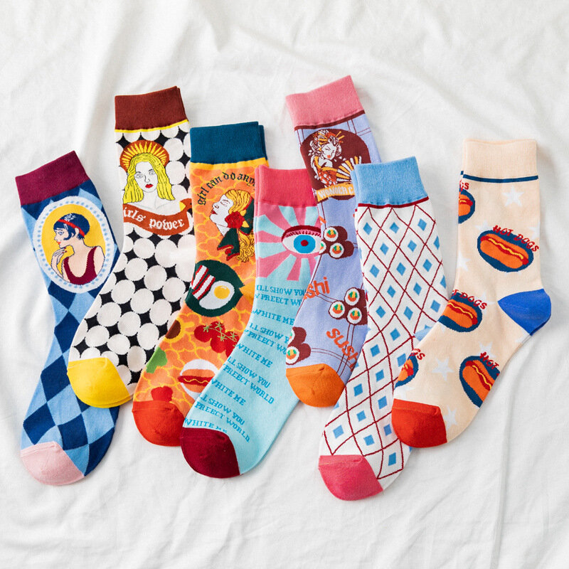 Chaussettes chics en coton pour femmes, Portrait de dessin animé, à la mode, colorées, Jacquard, amusantes et joyeuses, nouveauté, chaussettes d'art créatives Harajuku