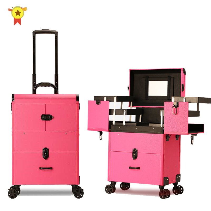 Tato kuku troli tas kosmetik, koper untuk Makeup dengan roda Wanita Multi lapisan kapasitas besar kotak bagasi kecantikan