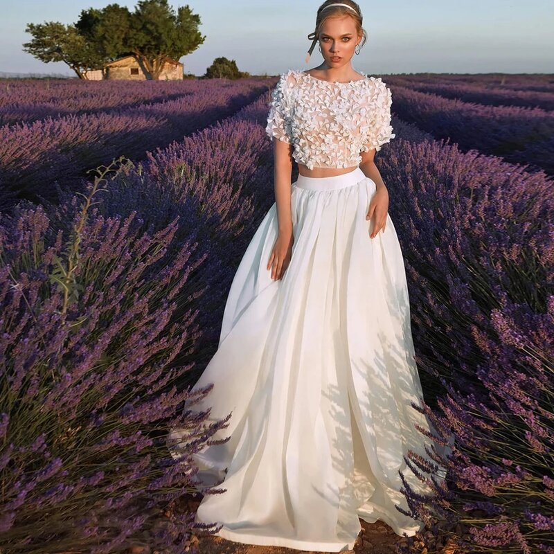Boho dwa kawałki suknia ślubna O-neck 3D koronkowe aplikacje szyfonowe krótkie rękawy kraj Vestidos De Novia suknie ślubne długość podłogi