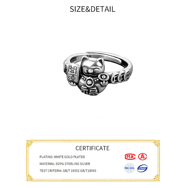 925 prata esterlina anel artesanal com corrente de gato, moda retro, angustiado abertura, borla, jóias finas, novo