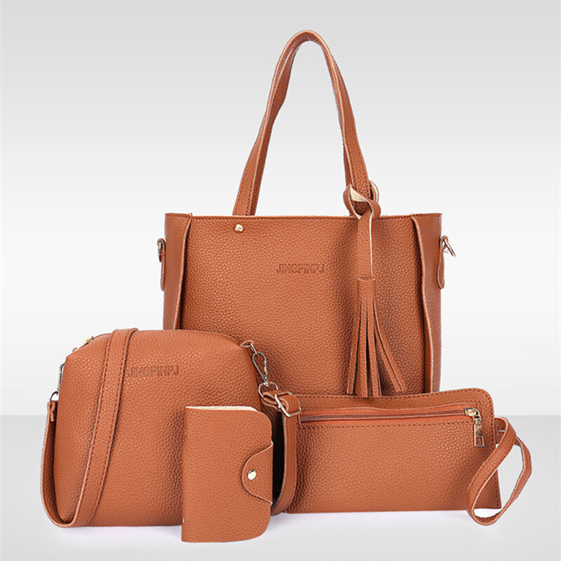 4Pcs Women Set Top-Handle Card Holder Large Capacity Women Tassel Handbag Shoulder Bag Wallet Ladies PU Leather Crossbody Bag