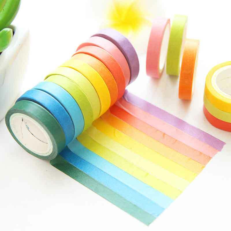 10 + 1Pcs Rainbow Washi เทปชุดตกแต่ง Scrapbooking ไดอารี่กาวกระดาษกาวเครื่องเขียนอุปกรณ์โรงเรียน
