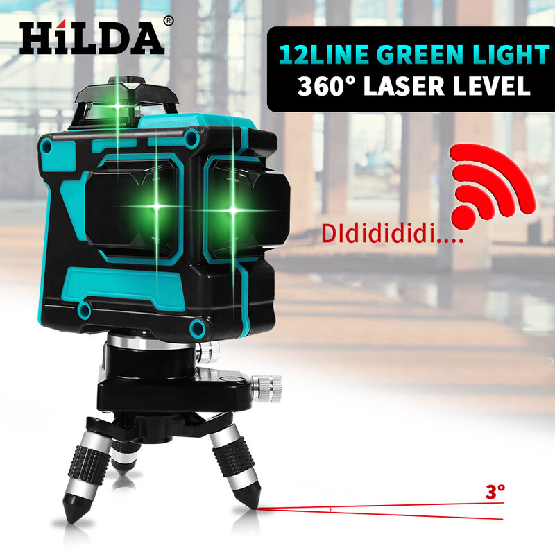 HILDA Laser Level 12 Garis 3D Level Self-Leveling 360 Silang Horizontal dan Vertikal Level Laser Hijau Super Kuat